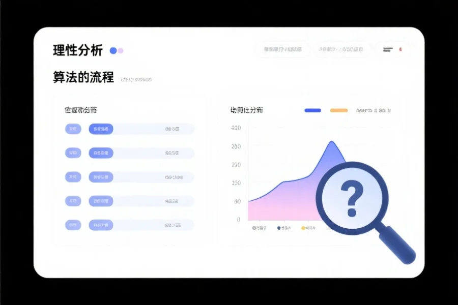 展示算法流程与概率分布图,旁边有放大镜和问号,突出“理性分析”主题